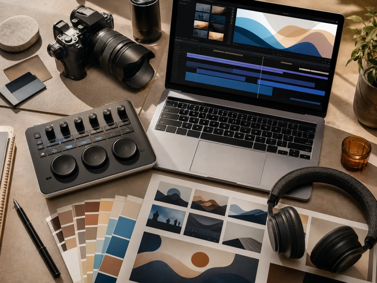 A professional creative studio desk with editing equipment