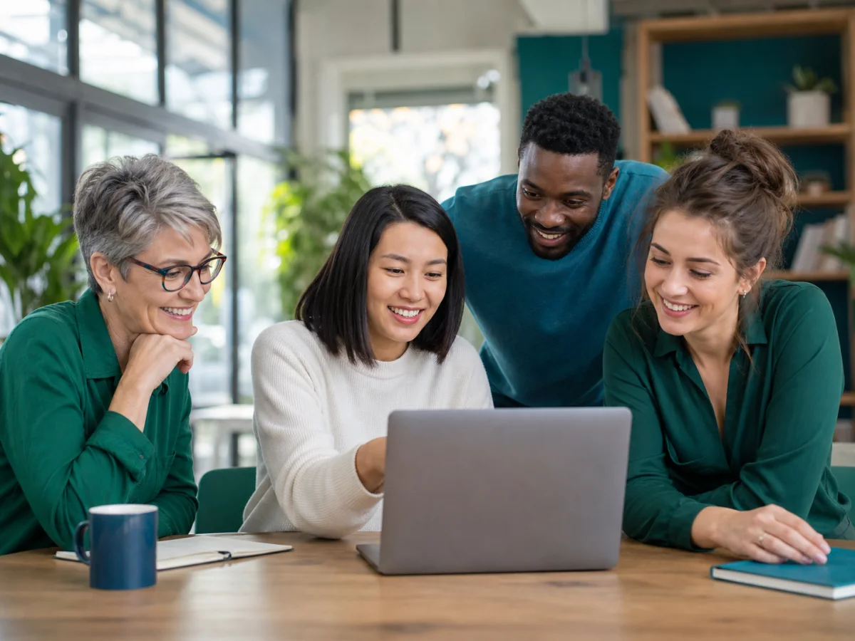 A diverse nonprofit team collaborating around a laptop